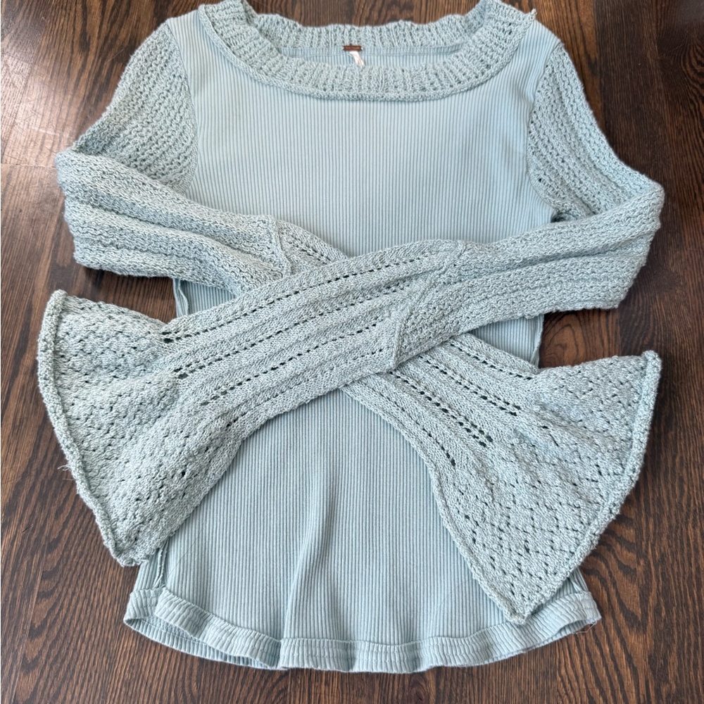 Free People Textured Knit Sweater with flare sleeves in Soft Blue